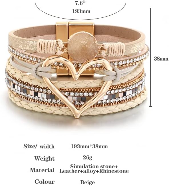 Leather Wrap Bracelet for Women Beaded Cuff Bracelet with Heart-shape Decor Bohemian Crystal Bracelet Jewelry with Clasp Bangle Bracelet for Women Girls Birthday Holiday Gift