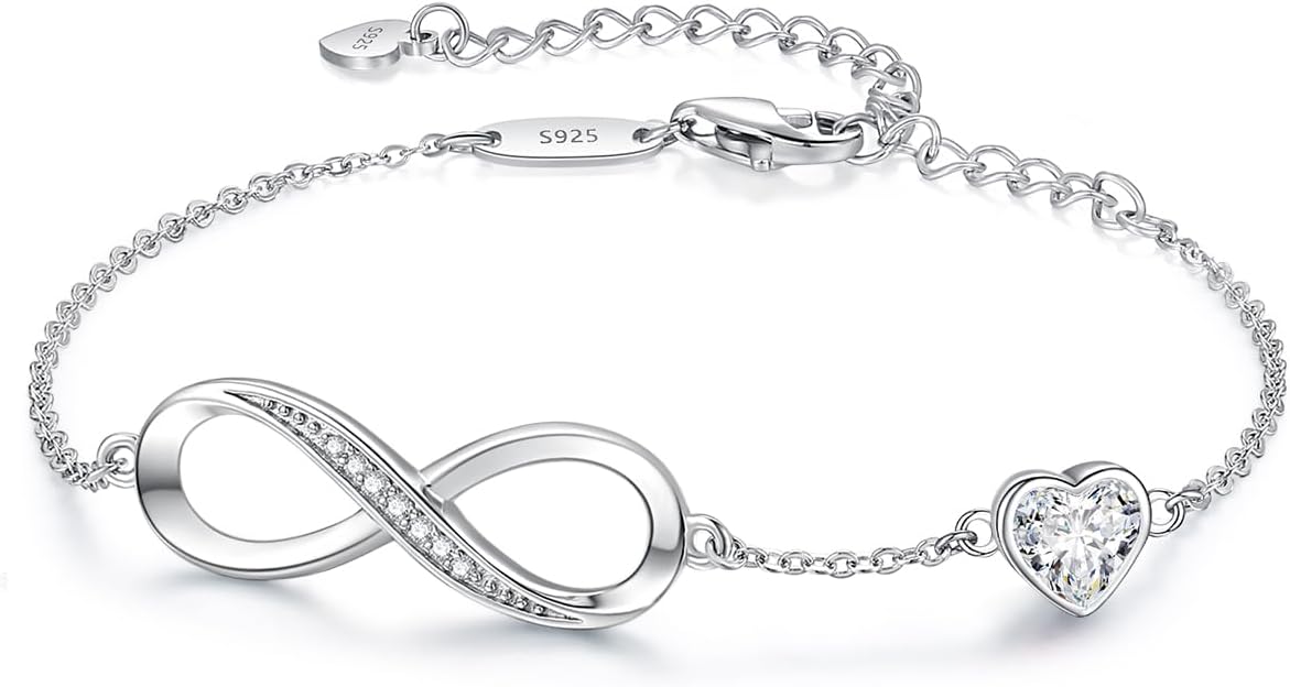 CDE Infinity Heart Birthstone Charm Link Bracelet for Women 925 Sterling Silver Adjustable Mother's Day Christmas Day Gift Anniversary Birthday Jewelry for Wife Girlfriend Her