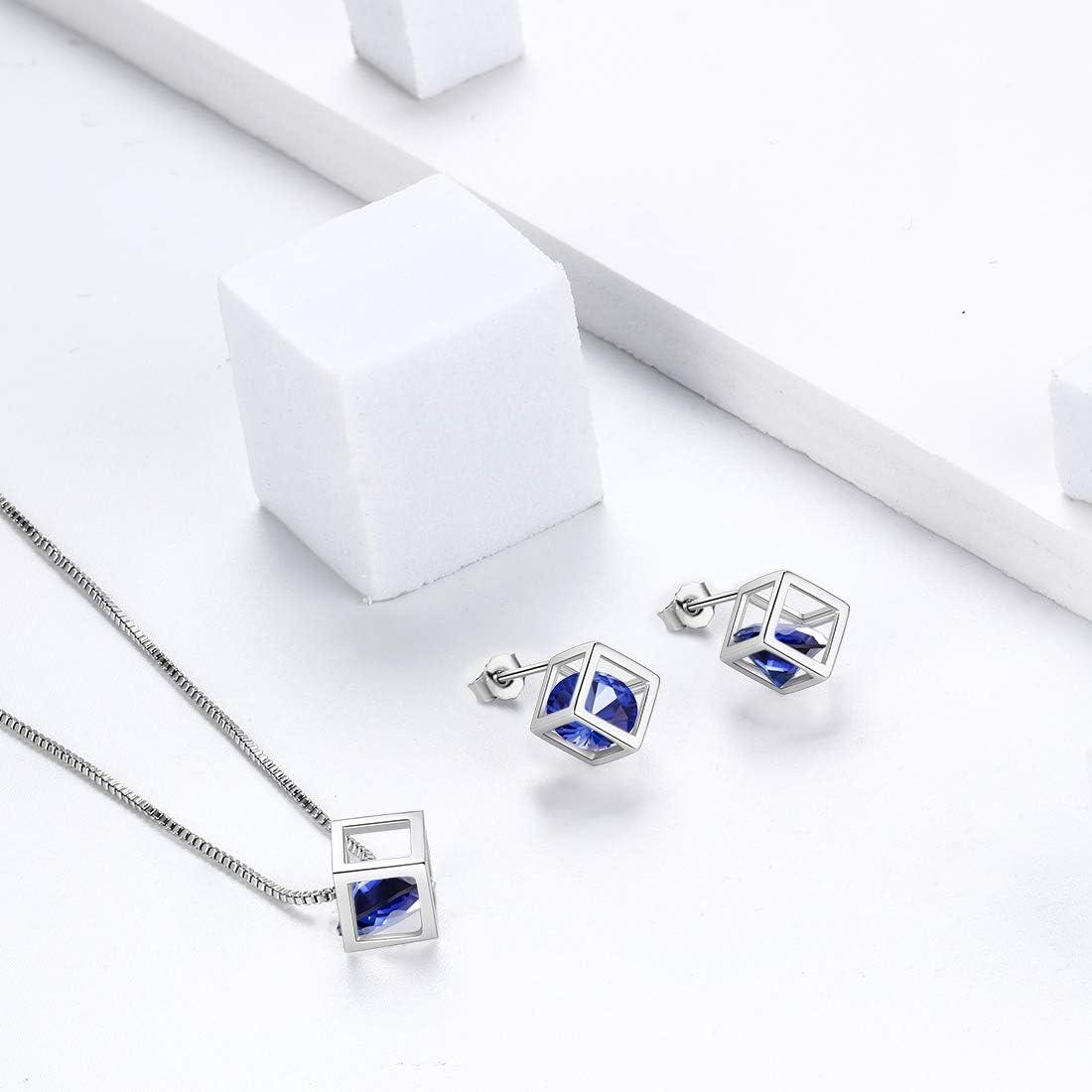 Aurora Tears Birthstone Necklace/Earring 925 Sterling Silver Women Cross/3D Cube/Cresent Moon Birth Stone Jewelry Mens Birthday Gift Anniversary Present
