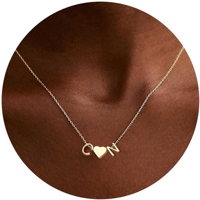 Turandoss Heart Initial Necklace for Women Teen Girls, 14K-Gold-Plated Dainty Letter A-Z Initial Necklace with Heart, Personalized Jewelry Birthday Gifts for Women