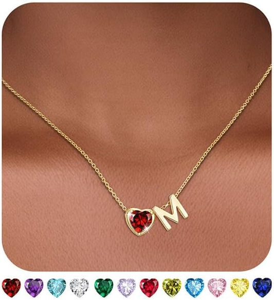 Heart Birthstone Initial Necklace for Women Girls,14K Gold Plated Heart Letter A-Z Necklace Dainty Birthday Trendy Jewelry Gifts for Women Girls Daughter