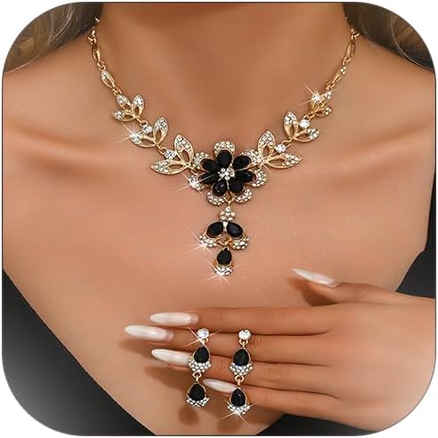 Wedding Jewelry Sets for Brides Rhinestone Necklace and Earring Set Bracelet Ring Gold Silver Prom Jewelry Sets Diamond Flower Teardrop Necklace for Women