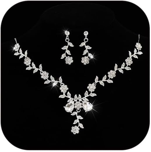 Wedding Jewelry Sets for Brides Rhinestone Necklace and Earring Set Bracelet Ring Gold Silver Prom Jewelry Sets Diamond Flower Teardrop Necklace for Women