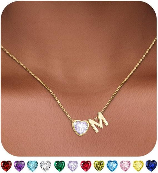 Heart Birthstone Initial Necklace for Women Girls,14K Gold Plated Heart Letter A-Z Necklace Dainty Birthday Trendy Jewelry Gifts for Women Girls Daughter