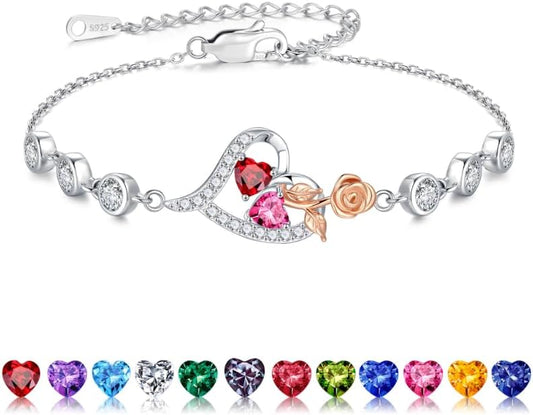 Iefil Christmas Gifts for Women - Birthstone Bracelet for Women, 925 Sterling Silver Rose Heart Charm Bracelets, Anniversary Birthday Gifts for Women Wife Mom Daughter, 6"+2"
