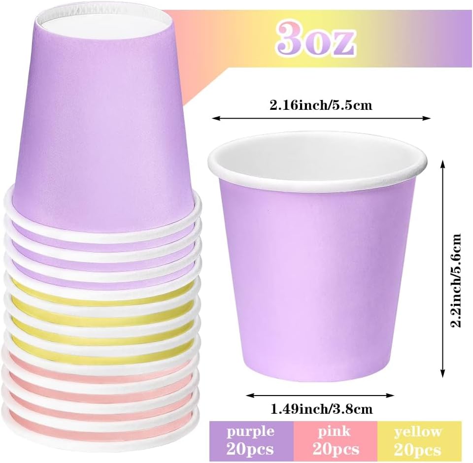3 oz Paper Cups, 60 Pack Mouthwash Cups Bathroom Paper Cups Espresso Small Cups for Snack Bathroom Espresso, Perfect for Home Condos Rvs Campers (Purple, Pink, Yellow)