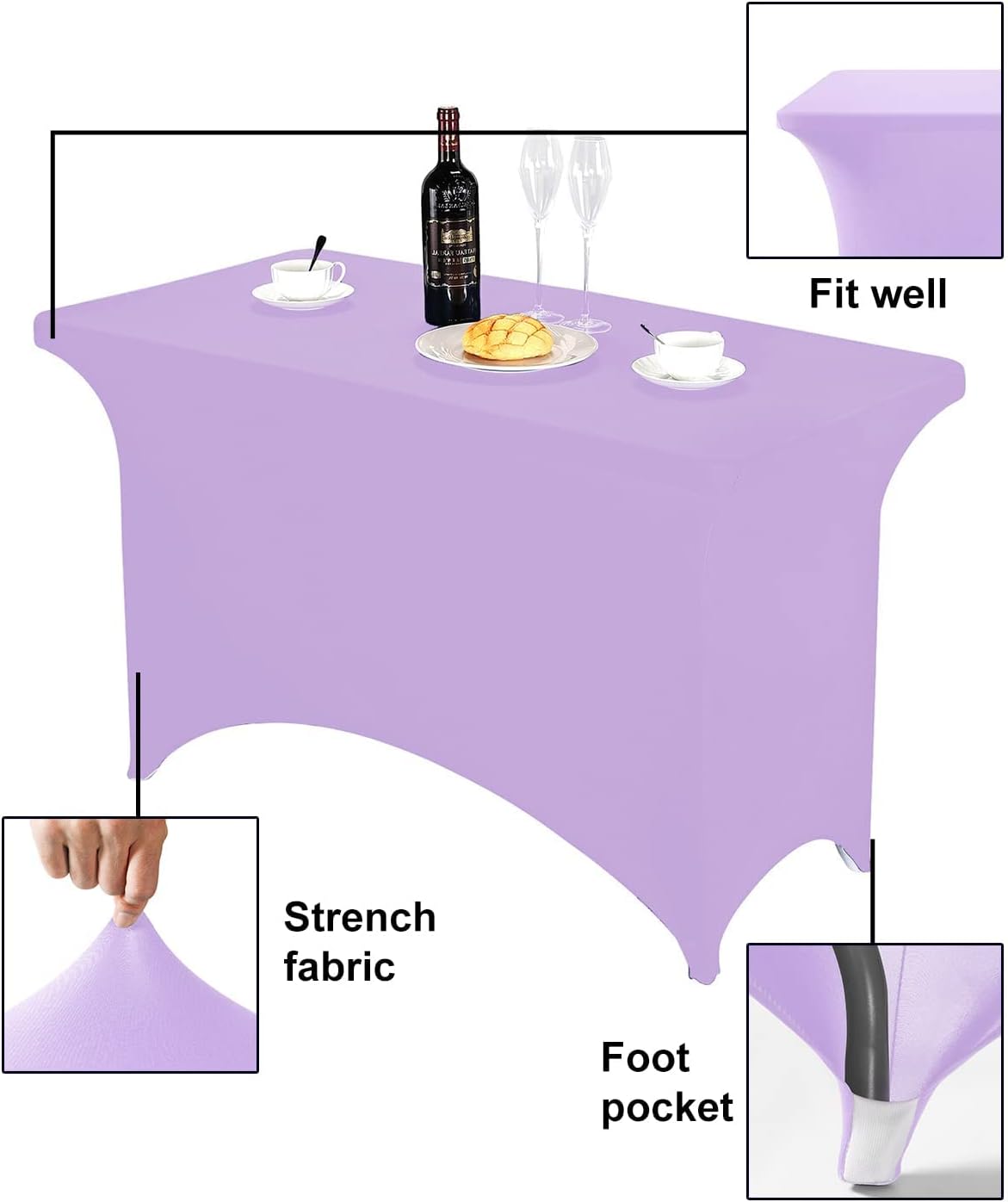 FORLIFE Spandex Table Covers - Fitted 4ft Rectangular Tablecloth, Stretch Patio Table Cover for Wedding, Banquet, Party - Lavender