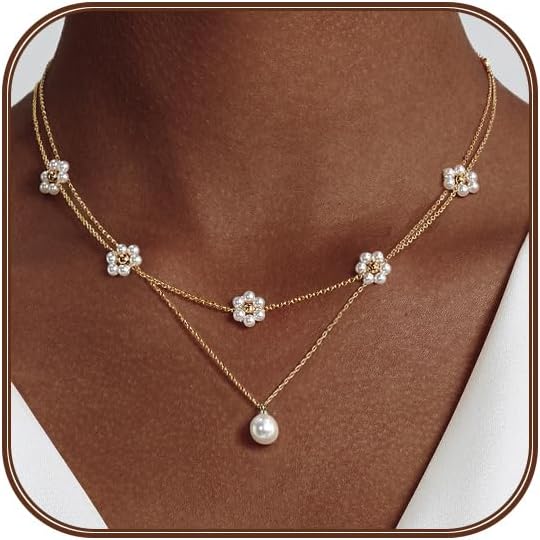 OGD Gold Pearl Necklaces Set for Women 14K Gold Plated Dainty Layered Pearl Cute Daisy Pearl Choker Gold Necklace Gifts for Women Gold Trendy Jewelry Gifts