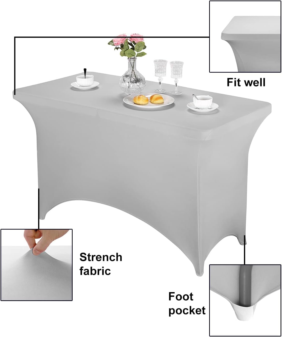 FORLIFE 2Pack Spandex Table Covers，Fitted Tablecloth for Rectangular Tables, Stretch Patio Table Covers, Universal Spandex Table Cover for Wedding, Banquet, Party (4ft, Silver)