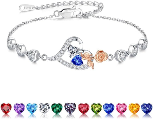 Iefil Christmas Gifts for Women - Birthstone Bracelet for Women, 925 Sterling Silver Rose Heart Charm Bracelets, Anniversary Birthday Gifts for Women Wife Mom Daughter, 6"+2"