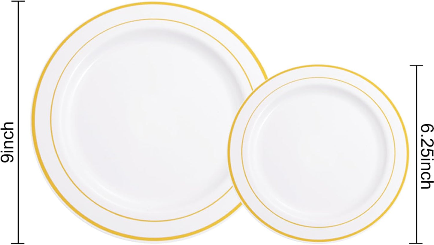 NOCCUR 200PCS Gold Plastic Plates - 100 Dinner / 100 Dessert Disposable Plates Heavy Duty - Ideal for Wedding, Party, Thanksgiving