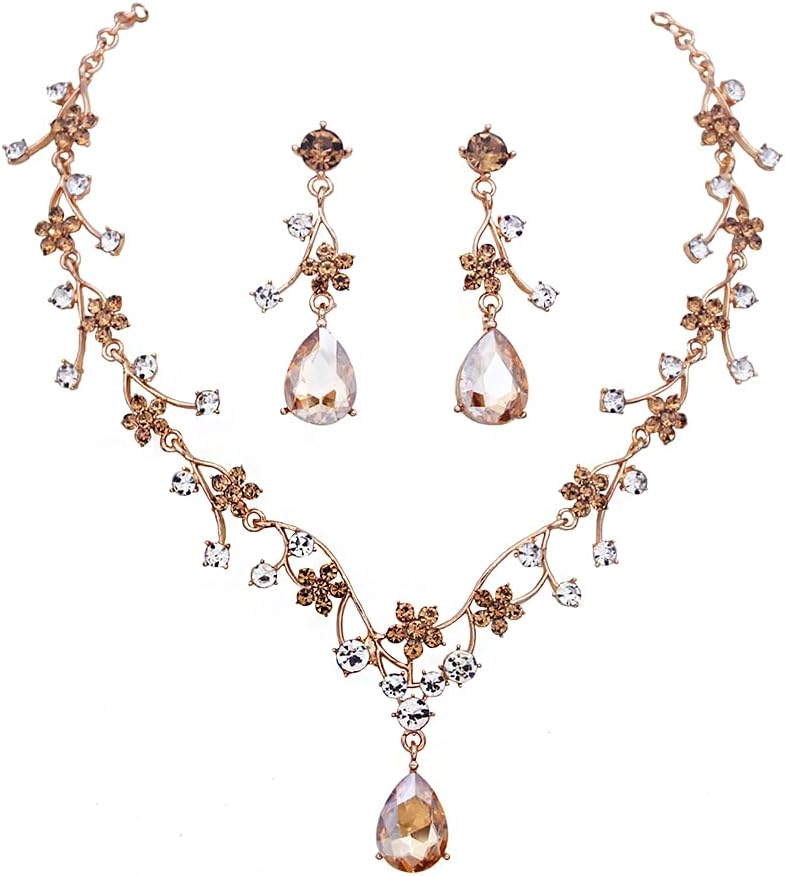 Jewelry Sets for Women Wedding Flower Necklace and Dangle Earrings Gold-Plated Rhinestones Teardrop Pendants Necklace Set for Bridal Party Accessories