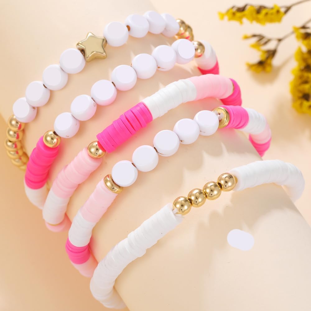 Friendship Bracelets for Women - Heishi Surfer Colorful Smile Evil Eye Clay Beaded Stretch Bracelets Elastic Layering - Stackable Boho Disc Y2K Aesthetic Summer Jewelry Set.