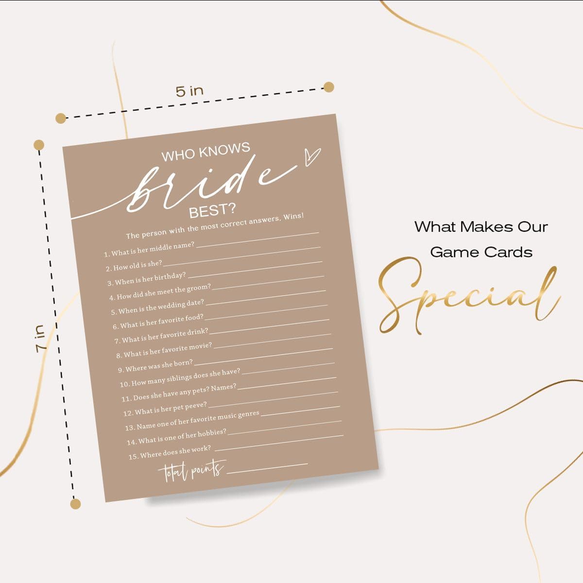 Bridal Shower Games Cards, Who Knows The Bride Best, 25 Guest Engagement Party Wedding Games - Minimalist Brown Wedding Party Supplies D03