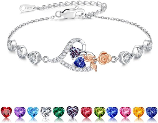 Iefil Christmas Gifts for Women - Birthstone Bracelet for Women, 925 Sterling Silver Rose Heart Charm Bracelets, Anniversary Birthday Gifts for Women Wife Mom Daughter, 6"+2"
