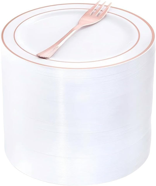 WELLIFE 240 Pieces Rose Gold Plastic Dessert Plates with Disposable Forks, Includes 120 Pcs Appetizers Plates 6.3 inch, 120 Pcs Rose Gold Forks, Perfect for Party and Weddings