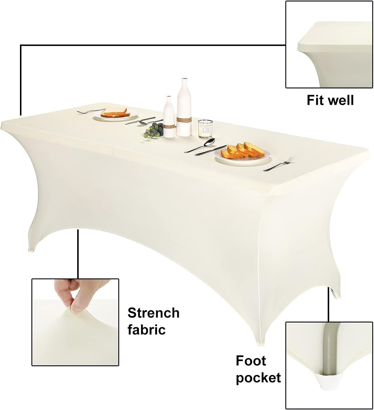 FORLIFE 4Pack Spandex Table Covers，Fitted Tablecloth for Rectangular Tables, Stretch Patio Table Covers, Universal Spandex Table Cover for Wedding, Banquet, Party (8ft, Ivory)