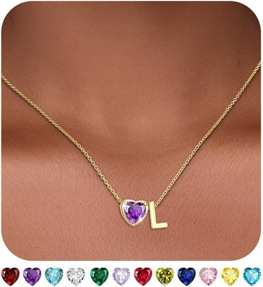 Heart Birthstone Initial Necklace for Women Girls,14K Gold Plated Heart Letter A-Z Necklace Dainty Birthday Trendy Jewelry Gifts for Women Girls Daughter