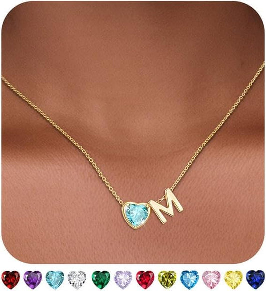 Heart Birthstone Initial Necklace for Women Girls,14K Gold Plated Heart Letter A-Z Necklace Dainty Birthday Trendy Jewelry Gifts for Women Girls Daughter