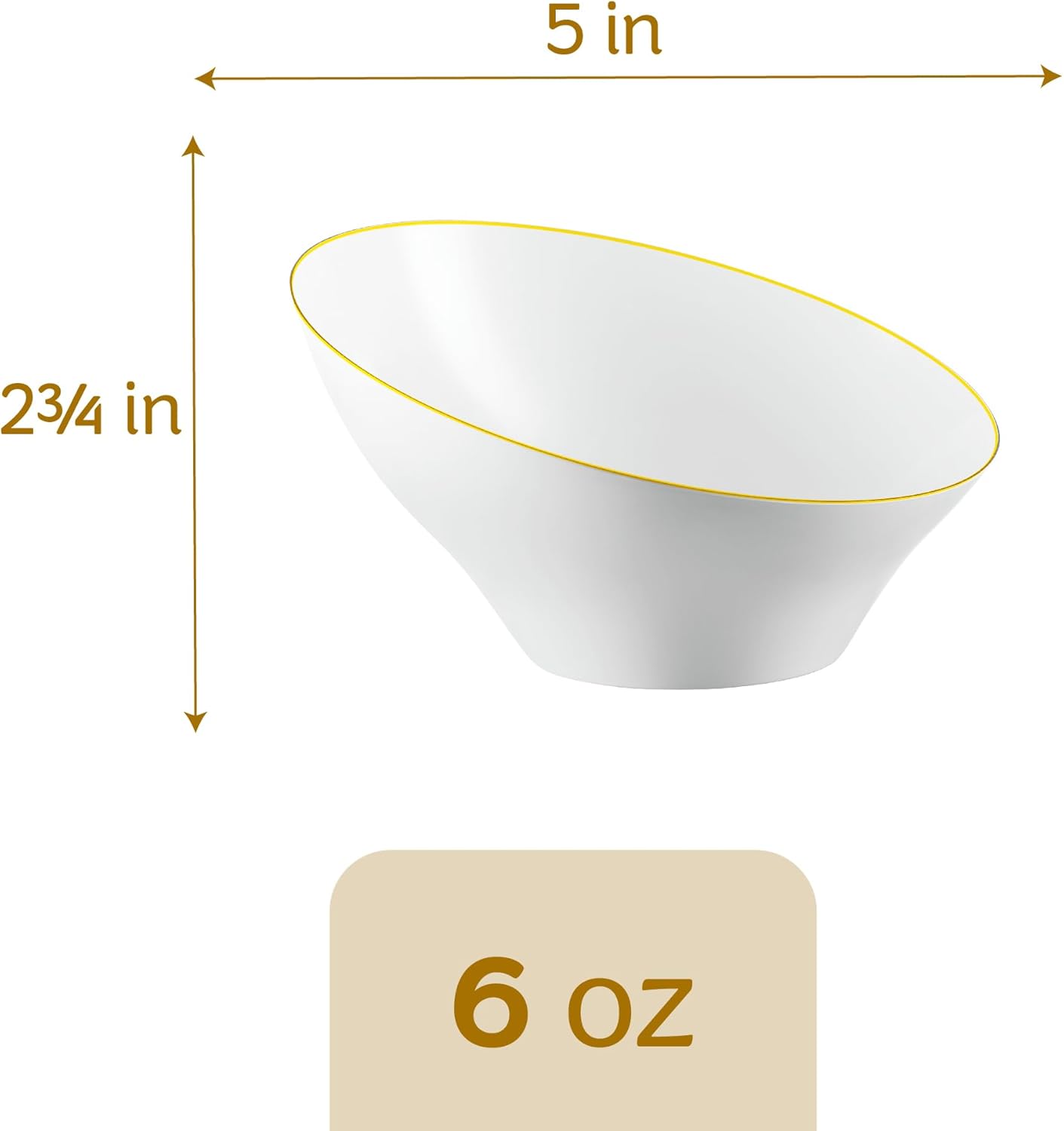 PLASTICPRO Angled Plastic Bowls Disposable Small Plastic White Serving Bowls with Gold Rim for Party for Appetizer Salads Pack of 8