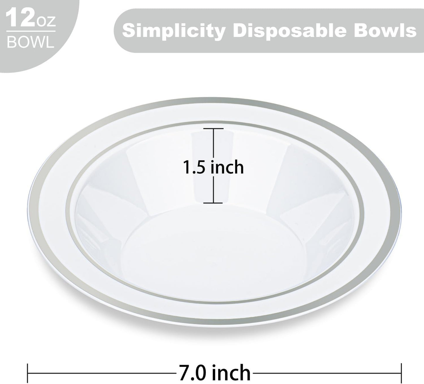 BESTVIP 50 Pack Plastic Bowls with Silver Rim, 12 oz Disposable Soup Bowls, Heavy-duty Dessert Salad Bowl for Party, Wedding, Christmas, Thanksgiving Catering and Dinner