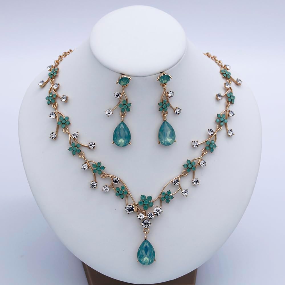 Jewelry Sets for Women Wedding Flower Necklace and Dangle Earrings Gold-Plated Rhinestones Teardrop Pendants Necklace Set for Bridal Party Accessories