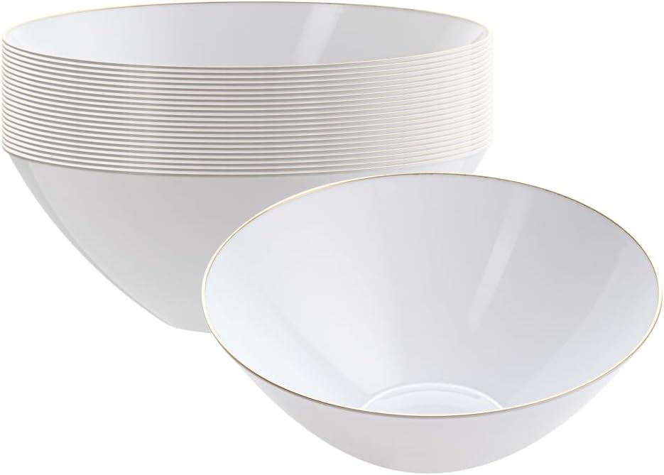 Restaurantware Moderna 6 Ounce Plastic Bowls 20 Durable Disposable Salad Bowls - Gold-Rimmed Heavy-Duty White Plastic Fancy Bowls For Warm And Cold Foods Ideal For Restaurants
