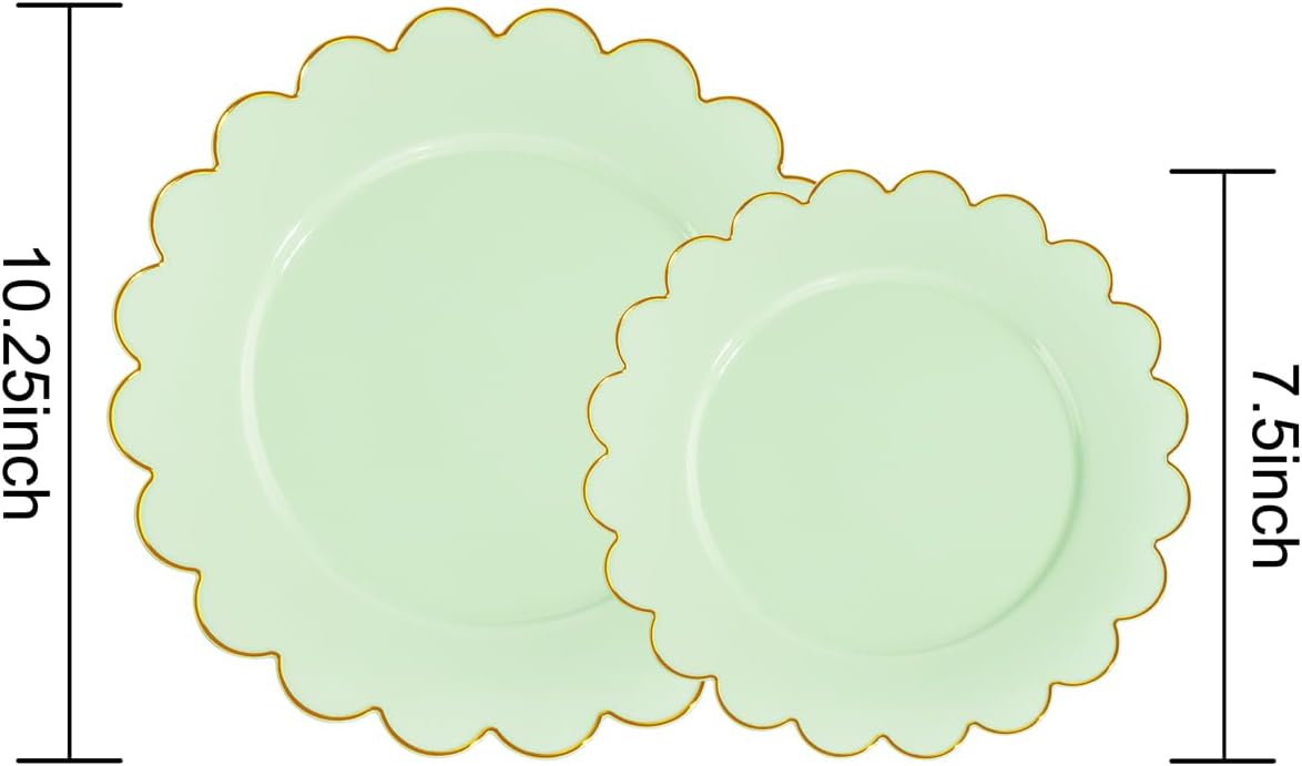 LIYH 60 Pcs Light Green Plastic Plates with Gold Edges, Disposable Sage Green and Gold Plastic Plates Includes: 30 Dinner Plate 10.25 Inch and 30 Dessert Plate 7.5 Inch