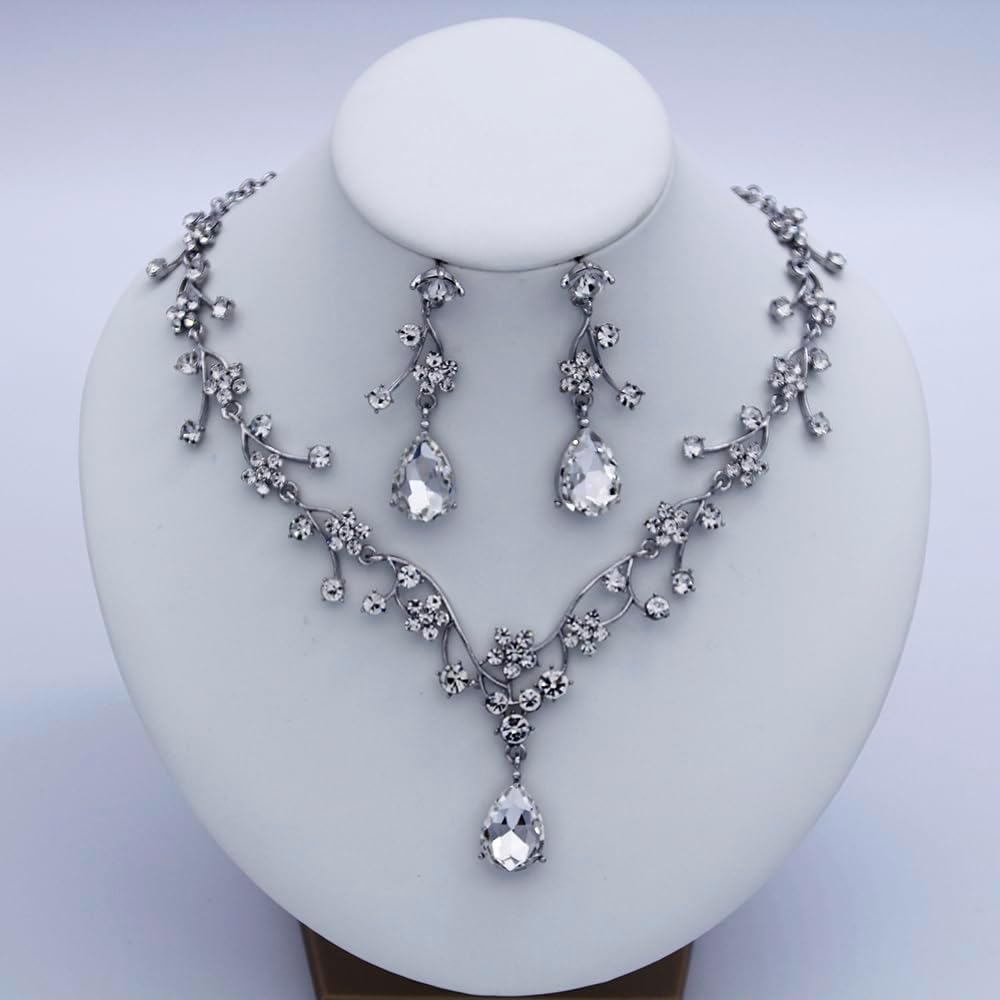 Jewelry Sets for Women Wedding Flower Necklace and Dangle Earrings Gold-Plated Rhinestones Teardrop Pendants Necklace Set for Bridal Party Accessories