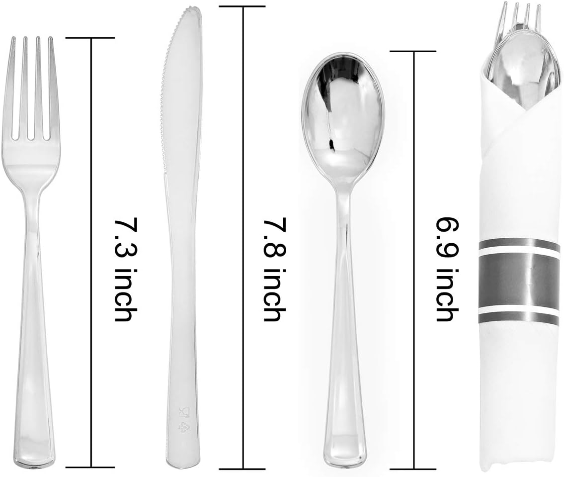 Supernal 60 Pack Silver Plastic Silverware,Pre Rolled Silverware,Premium Disposable Silver Cutlery,Suit for Wedding,Catering Event,Birthday,Party