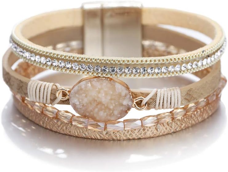 Fesciory Leopard Bracelet for Women, Boho Leather Wrap Multi-Layer Pearl Crystal Bracelet Bangle Jewelry