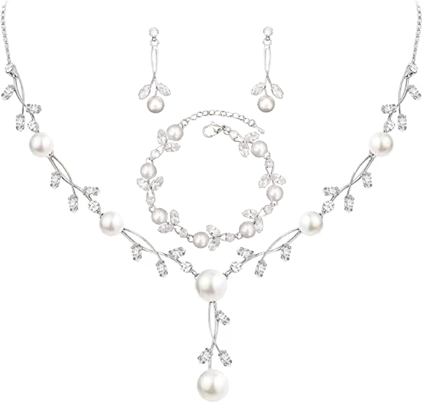 Luxury Cubic Zirconia Aurtrian Crystal Pearl Floral Necklace Dangle Earrings Wedding Bridal Jewelry Set Birthday Gifts for Her