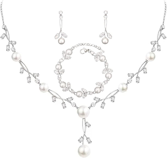 Luxury Cubic Zirconia Aurtrian Crystal Pearl Floral Necklace Dangle Earrings Wedding Bridal Jewelry Set Birthday Gifts for Her