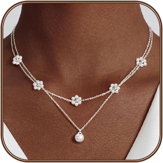 OGD Gold Pearl Necklaces Set for Women 14K Gold Plated Dainty Layered Pearl Cute Daisy Pearl Choker Gold Necklace Gifts for Women Gold Trendy Jewelry Gifts