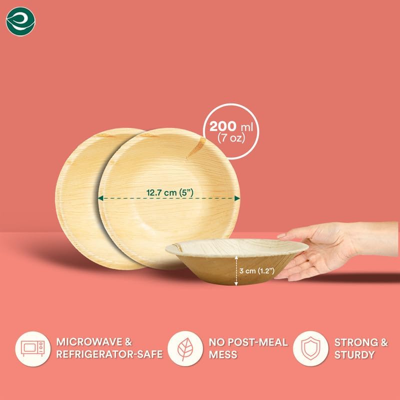 ECO SOUL Palm Leaf Bowl 200 pc, Small 5" (8 Oz) | Round Like Bamboo Bowls, Compostable, Biodegradable, Disposable Palm Leaf Bowls Eco-friendly | Sturdy, Microwave & Oven Safe