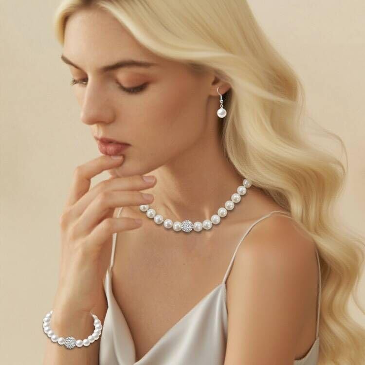 Pearl Jewelry Set for Women Faux Pearl Costume Jewelry Set with Necklace, Bracelets, Ring, Earrings for Wedding Bridal Birthday Tea Party