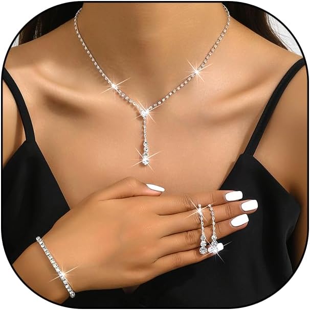 GIGB PBDK Dainty Silver Jewelry Set Crystal Rhinestone Pendant Necklace Bracelet Earrings Trendy Bridal Wedding Prom Dresses Costume Jewelry Sets for Women Wife