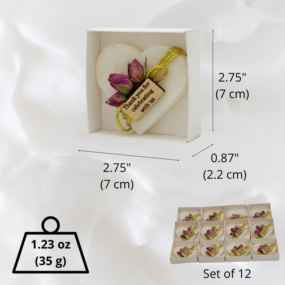 Heart Shaped Soaps 12-Pack, Handmade Scented Mini Soaps for Bridal Shower Party Favors, Wedding, Baby Shower, Thanks You for Celebrating with Us Wooden Tag, White Box