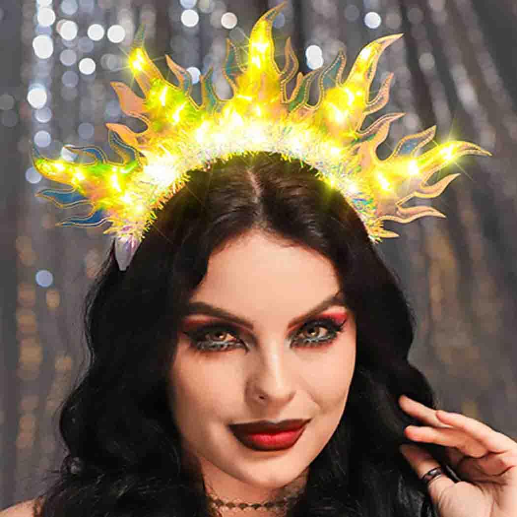 DRESBE Light Up Sun Crown Headband LED Flame Headbands Glow Party Fire Hair Accessories for Women (Yellow Light)