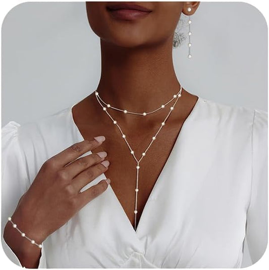 Lariat Gold Necklace for Women, Dainty Long Necklace 14k Gold Plated/Silver Y-Shaped Layered Beaded Chain Drop Necklaces for Women Trendy Simple Gold Jewelry for Women Gifts