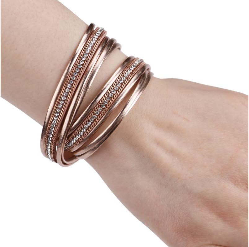 Fesciory Leather Wrap Bracelets for Women, Boho Leopard Multi-Layer Crystal Beads Cuff Bracelet Jewelry