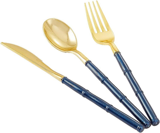 Supernal 180pcs Gold Plastic Silverware,Gold Plastic Cutlery with Blue Glitter Bamboo Handle,Elegant Durable Disposable Cutlery Heavy Duty include 60 Knives,60 Forks,60 Spoons