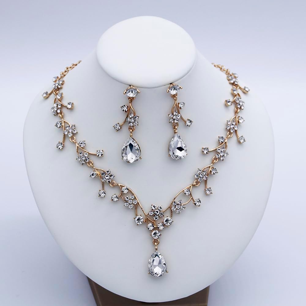 Jewelry Sets for Women Wedding Flower Necklace and Dangle Earrings Gold-Plated Rhinestones Teardrop Pendants Necklace Set for Bridal Party Accessories