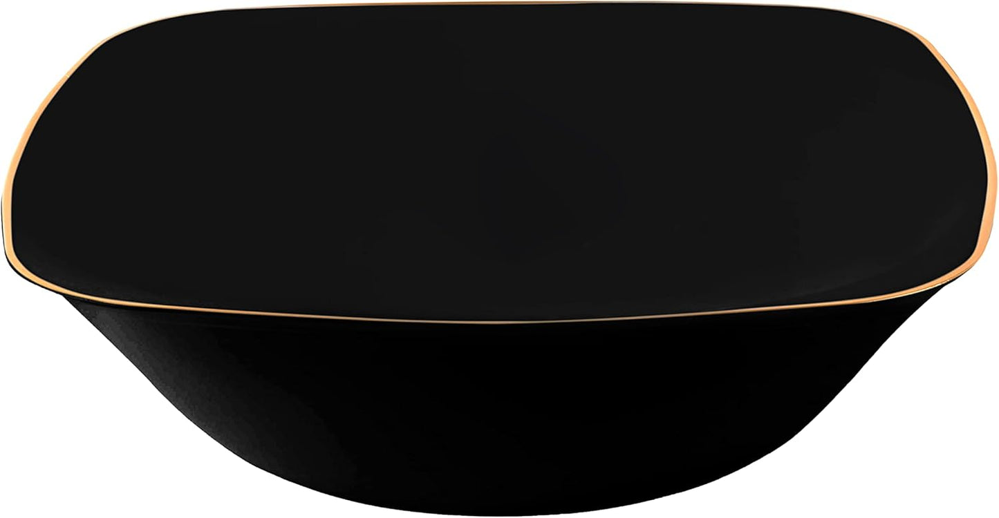 PLASTICPRO Black Plastic Organic Party Square Soup bowls Black With Gold Rim Elegant Disposable Tableware Dishes 16 OZ 32 Count