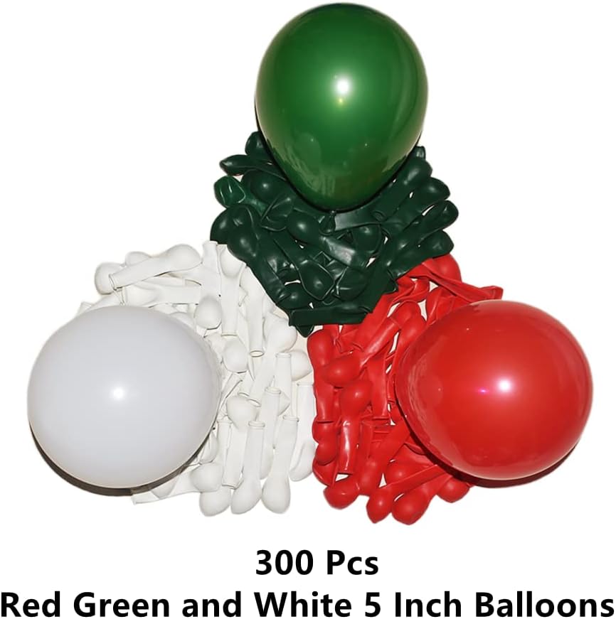 300 Pack Red Green and White Balloons - 5 Inch Mini Red Dark Green White Latex Small Balloons - 100 of Each Colors for Party Balloons Arch Wreath Assorted Colors Decorations