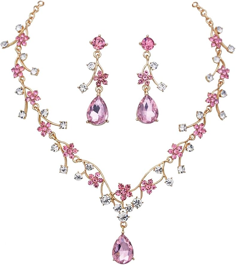 Jewelry Sets for Women Wedding Flower Necklace and Dangle Earrings Gold-Plated Rhinestones Teardrop Pendants Necklace Set for Bridal Party Accessories