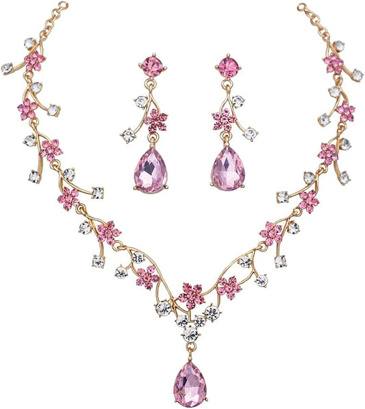 Jewelry Sets for Women Wedding Flower Necklace and Dangle Earrings Gold-Plated Rhinestones Teardrop Pendants Necklace Set for Bridal Party Accessories