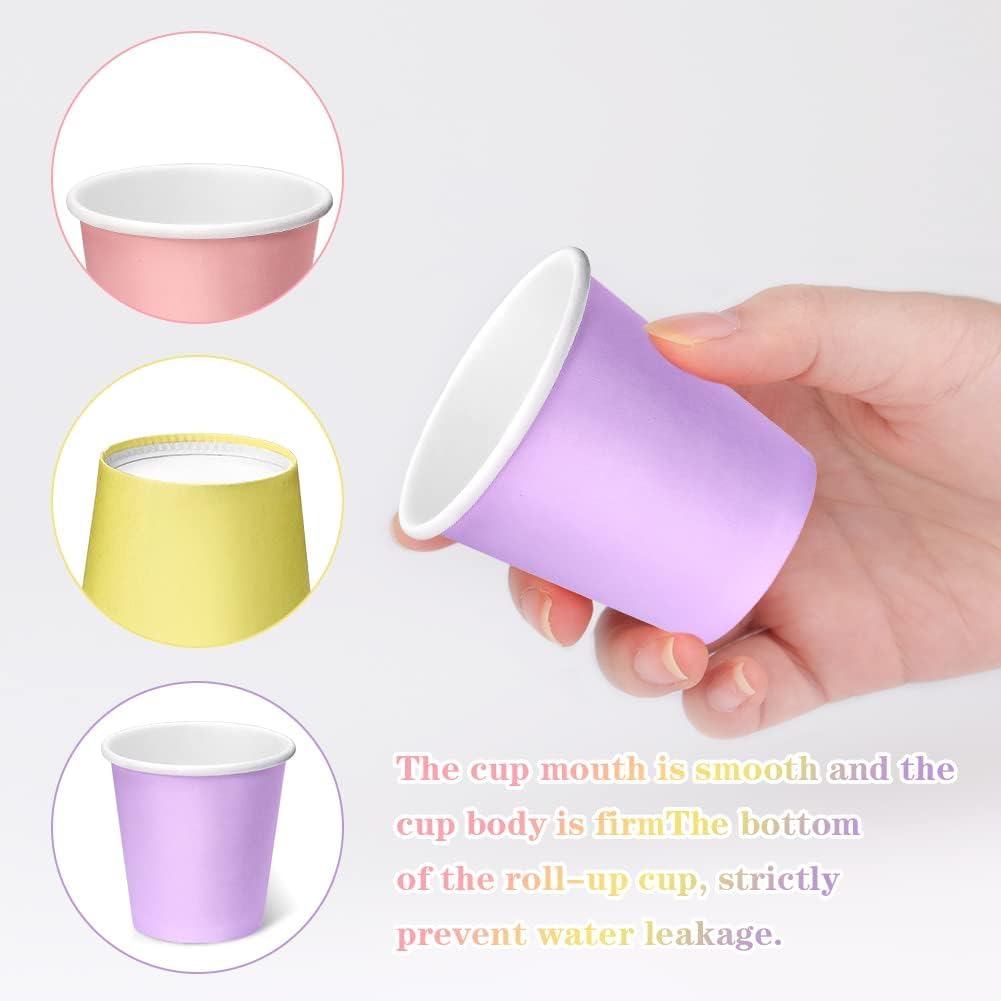 3 oz Paper Cups, 60 Pack Mouthwash Cups Bathroom Paper Cups Espresso Small Cups for Snack Bathroom Espresso, Perfect for Home Condos Rvs Campers (Purple, Pink, Yellow)
