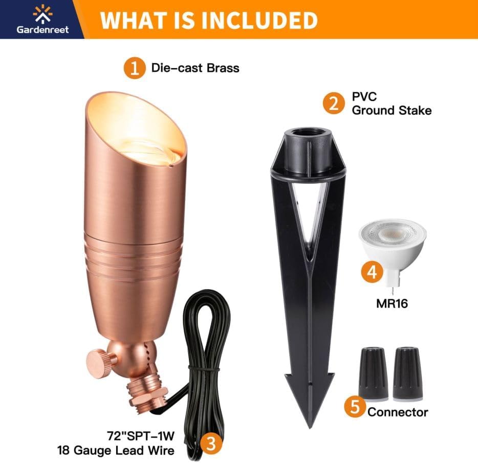 Gardenreet Landscape Spotlights Low Voltage - Brass 12V Outdoor Uplight LED, Wired Spot Lights IP65 Waterproof, Copper for Exterior Garden Yard Tree House with 5W 2700K Warm White MR16 Bulb