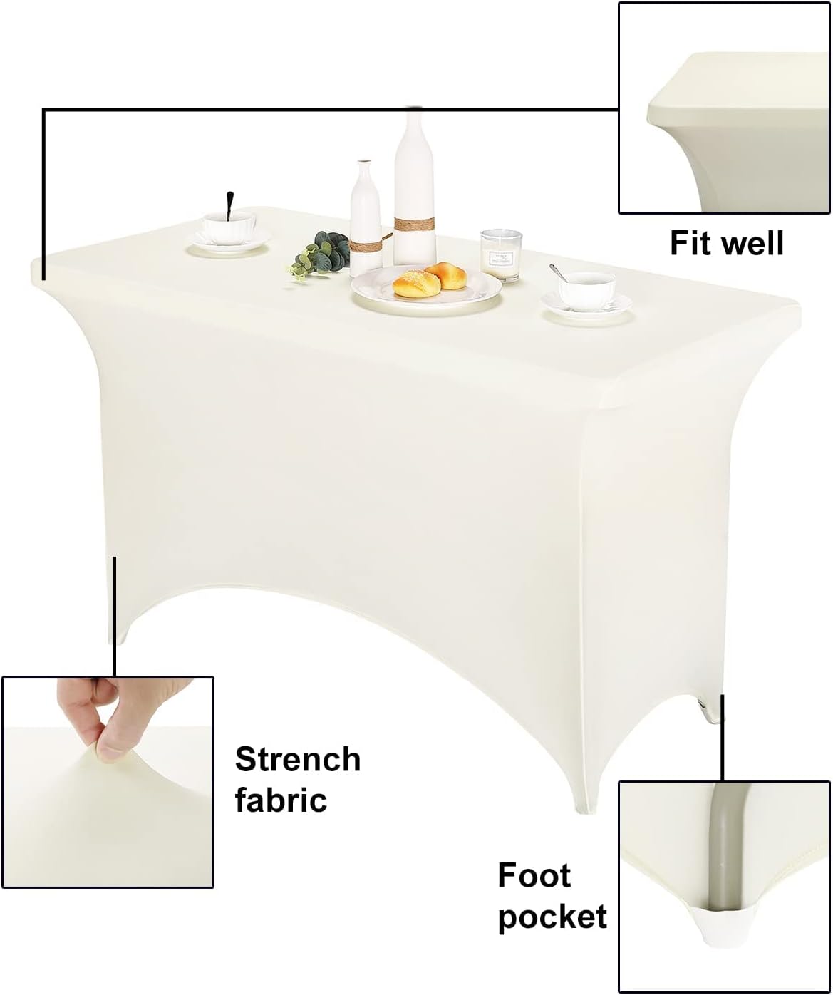 FORLIFE 2Pack Spandex Table Covers，Fitted Tablecloth for Rectangular Tables, Stretch Patio Table Covers, Universal Spandex Table Cover for Wedding, Banquet, Party (4ft, Ivory)